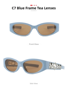 Front and side view of blue Y2K sunglasses with silver star detail and tea lenses