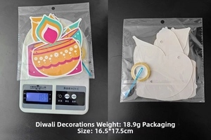 Detail view of Happy Diwali paper banner set with colorful flame cards and hanging tools