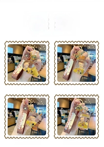 Detail shot of four bear milk tea keychain styles with liquid glitter and cute figurines