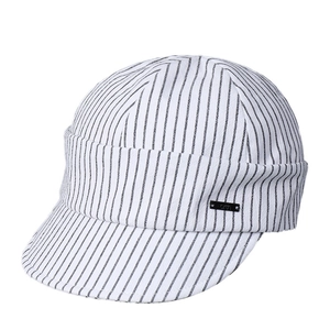 British retro newsboy cap with black and white vertical stripes and metal tag