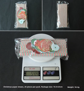 Detailed view of 24pcs Christmas paper straw set with festive patterns and weight display