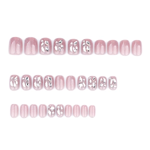 Sparkly pink press-on nails with silver glitter and 3D rhinestones in square shape