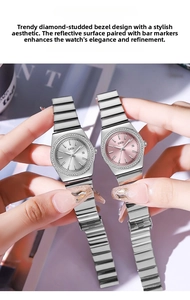 Detail of GEDI quartz watches with silver steel bands and crystal bezels held by hand