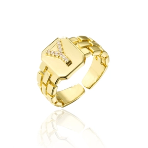Detail of adjustable 18K gold plated letter Y ring with sparkling AAA zircon inlay