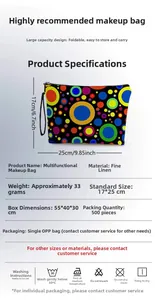 Polka dot burlap makeup bag detail showing size specifications and dimensions