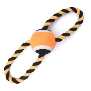 Close-up of durable orange-white tennis ball with thick black-yellow woven rope for dogs