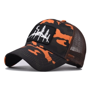 Detail of embroidered forest and moon patch on camo mesh trucker hat with breathable fabric