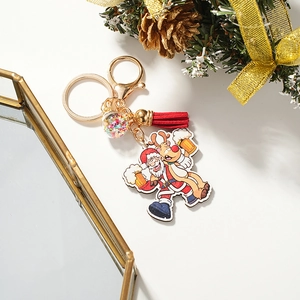 Christmas Santa Reindeer Cartoon Keychain Red Tassel Star Sequin Ball Golden Alloy Acrylic Pendant Holiday Hanging Decor