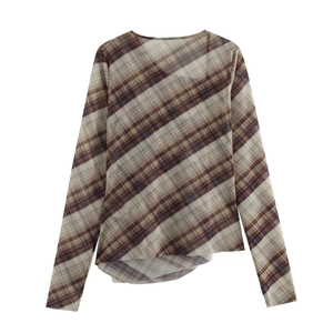 Vintage plaid long sleeve mesh top with asymmetrical hem and brown checkered pattern