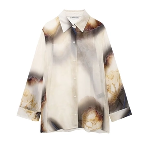 Chemisier femme en satin à imprimé floral aquarelle et col à revers beige et marron