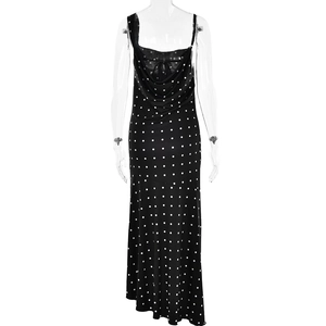 Detailed back view of a black polka dot dress featuring an open back and uneven hemline