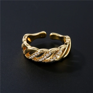 18K gold Cuban link open ring with micro-pave zircons in a twisted rope design