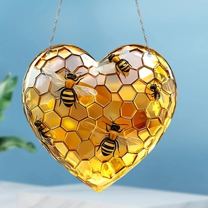 Exquisite heart-shaped acrylic honey bee ornament with golden honeycomb and silver chain