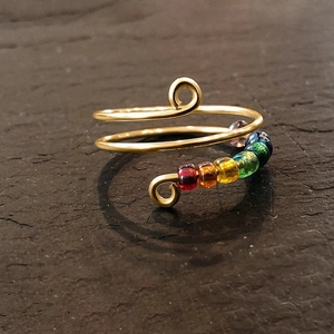 Adjustable S925 silver anxiety ring with colorful rainbow beads and golden wire wrap