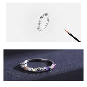Macro detail of S925 silver wave ring with colorful rectangular stones and design sketch
