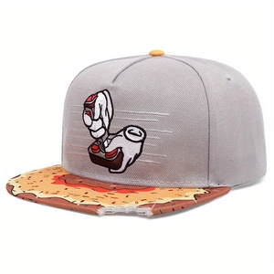 Grey hip hop snapback cap with gaming embroidery and pizza print bitten brim design