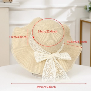 Detailed size chart for beige straw sun hat showing 11cm brim and lace bow features