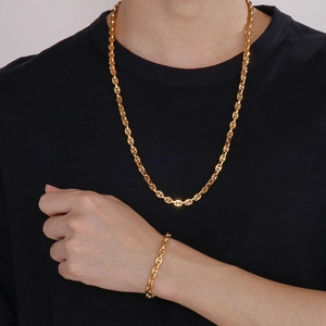 Elegant 18K gold-plated stainless steel link chain necklace and bracelet set for women