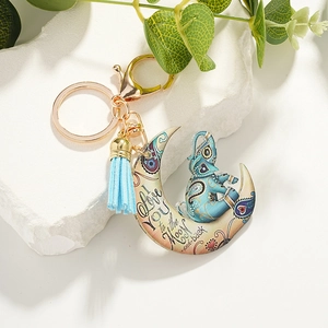 Bohemian Acrylic Moon Elephant Keychain With Tassel Cute Ethnic Print Elephant Lover Gift Bag Charm Pendant Jewelry Key Ring
