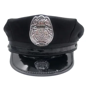 Black police hat with silver metal city badge and glossy patent leather brim