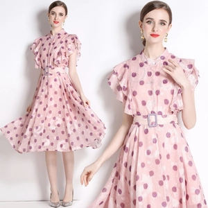 Polka Dot Print Chiffon Midikleid Für Damen Elegant Stehkragen Rüschenärmel Hohe Taille A-Linie Mit Gürtel