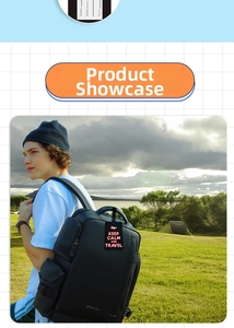 Close-up of black PVC luggage tag with Keep Calm and Travel quote on travel backpack