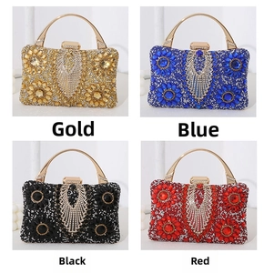 Detail of floral rhinestone evening bags in gold, blue, black, and red color options