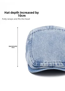 Detail of light blue denim flat cap showing 10cm deep crown and white stitching