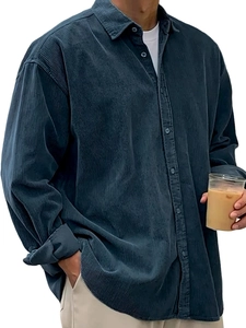 Close-up of a men's corduroy shirt in dark grey, featuring a soft texture and casual fit