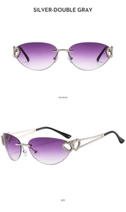 Detail of rimless Y2K sunglasses featuring purple gradient lenses and silver heart temples