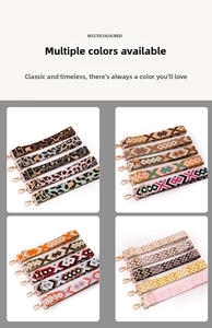 Detail of adjustable bohemian bag straps with leopard print and ethnic patterns
