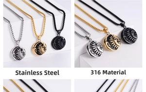 Detail view of 316 stainless steel sun and moon pendant necklaces in gold, silver, and black