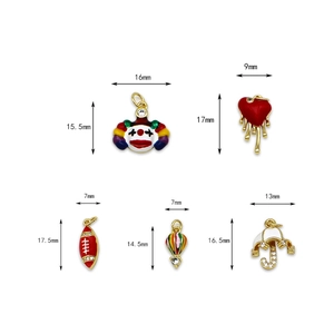 Colorful enamel charms set featuring clown heart and balloon shapes with measurements