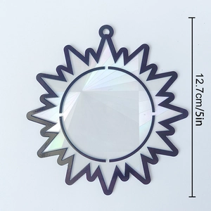 Detail of sun-shaped rainbow suncatcher showing 12.7cm size and holographic prism texture