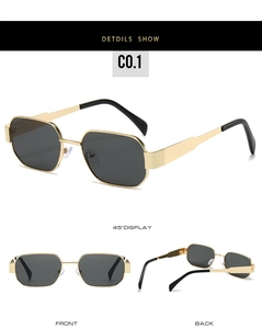 Detailed views showing the gold metal polygonal frame and dark grey lenses of these sunglasses