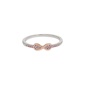 Detail of s925 silver ring featuring rose gold infinity symbol with pink zircon stones