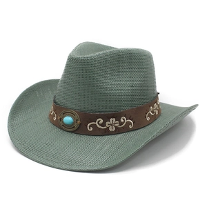 Greyish green straw cowboy hat with embroidered suede band and turquoise metal ornament