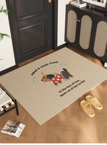 Close-up of beige dachshund dog rug with Have A Good Time text on wooden floor