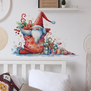 Watercolor Santa gnome wall decal in red gift bag for Christmas bedroom wall decor
