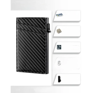 Detail of RFID carbon fiber wallet showing 6061-T6 aluminum pop-up card mechanism