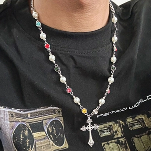 Men's silver chain necklace with pearls, colorful rhinestones and cross pendant