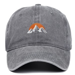Vintage dark gray washed cotton baseball cap featuring mountain sun embroidery