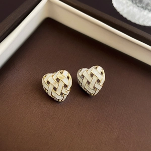 French vintage heart-shaped woven earrings in gold and white enamel for women