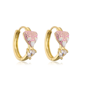 Detail of 18K gold-plated hoop earrings featuring pink enamel hearts and clear zircon stones