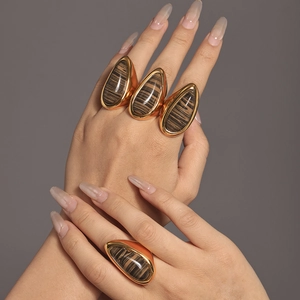 18K gold plated wood grain stone teardrop rings set worn on model fingers