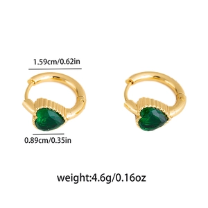 Detail view of heart-cut green crystal earrings with dimensions and weight specs