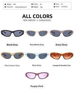 Technical specs and 7-color collection of cat-eye sunglasses with PC frames and UV protection