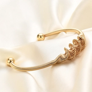 4MM gold stainless steel screw thread open bangle with sphere beads on white silk