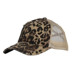 Detailed view of leopard print trucker hat with distressed brim and breathable mesh