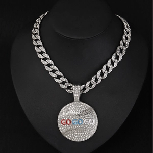 Detailed silver Cuban chain necklace with sparkling baseball pendant and GO GO GO enamel text